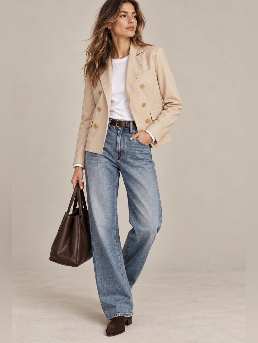 NWT JAMES PERSE Soft Double Breasted Cropped Trench Coat Blazer Taupe Tan Small